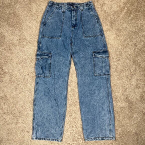 Cargo Jeans Womens L Blue Baggy Wide Leg Denim Elastic Waist Stretch Slouchy - Picture 1 of 9